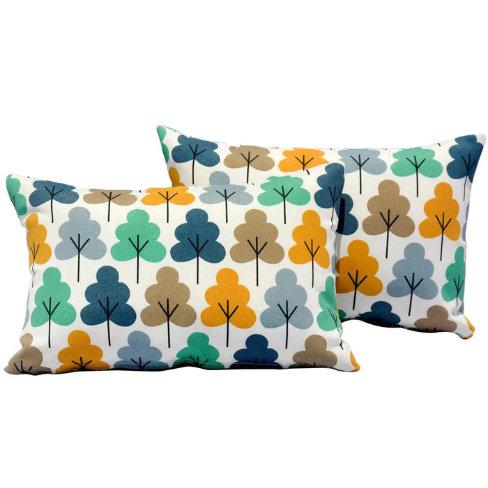 Ovios presents a two-pack of lumbar pillows with colorful Scandinavian-style trees on a white background