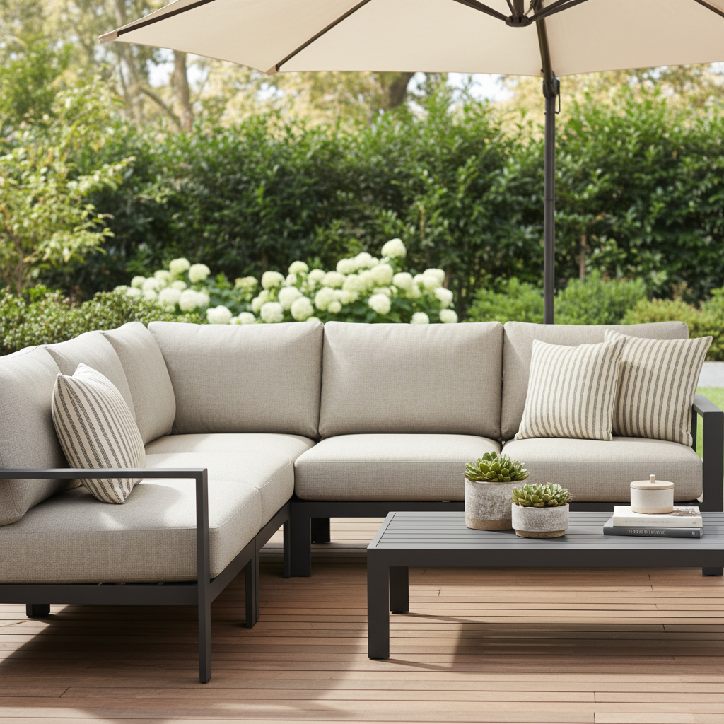 A refreshed patio seating area with new replacement cushions in a clean, modern outdoor setting.