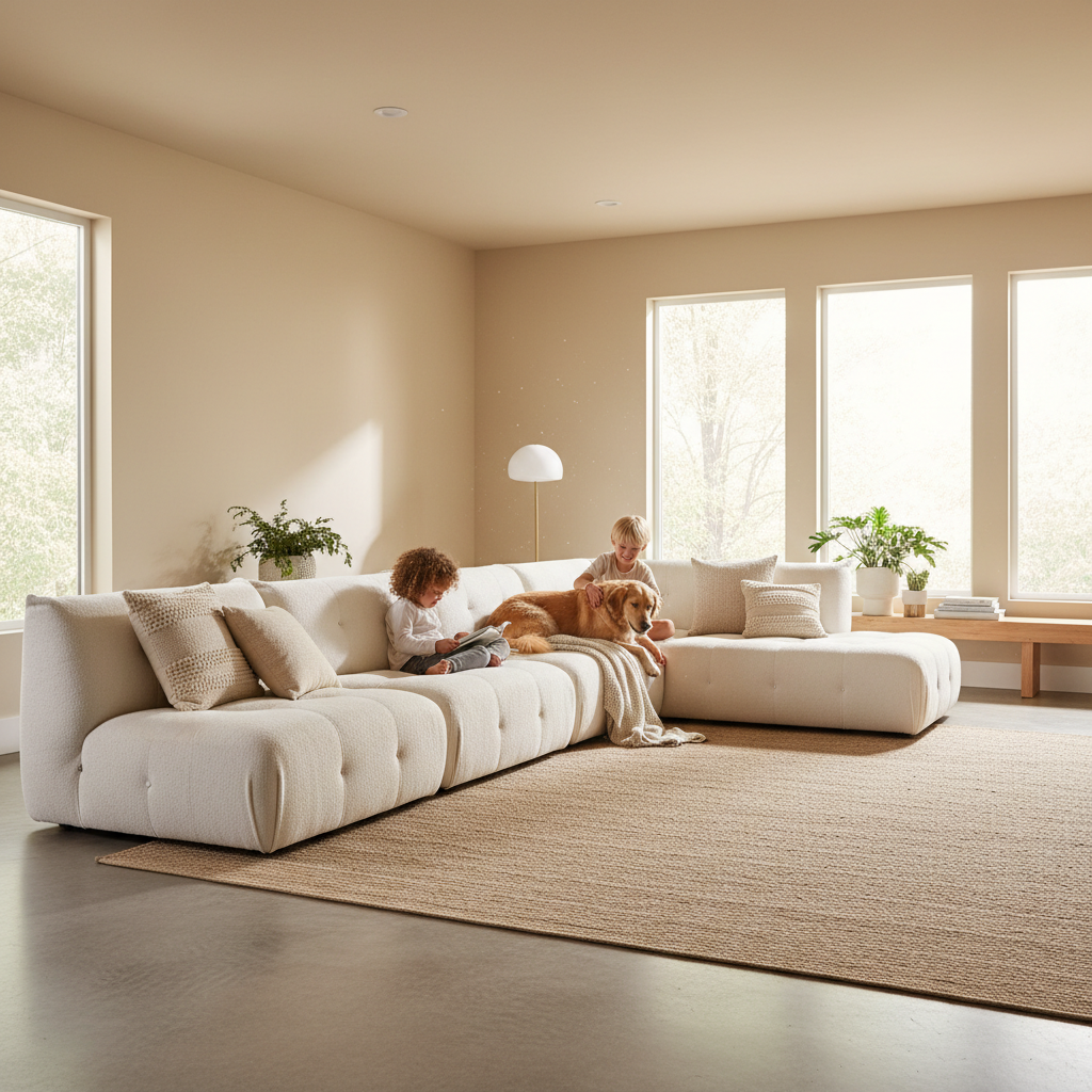 A bright family living room with children and a dog relaxing on a modern modular sectional sofa.