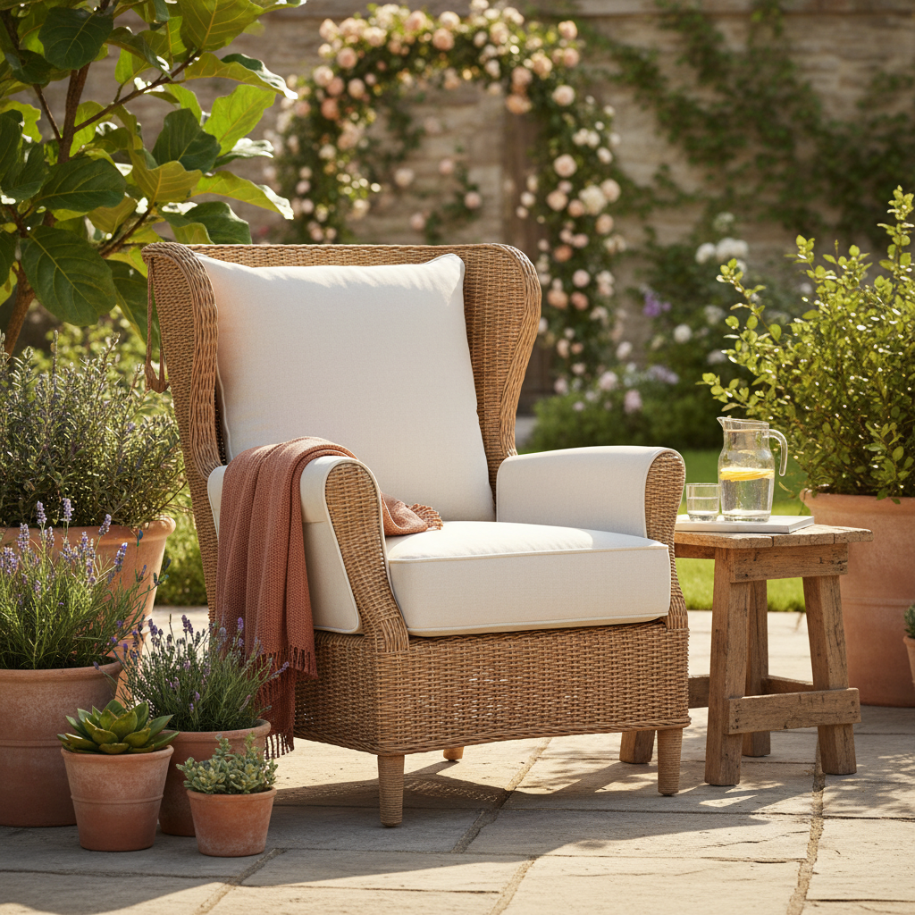 An inviting sunny backyard patio with a high-back outdoor chair, plush cushions, wide armrests, and a deep seat surrounded by greenery.