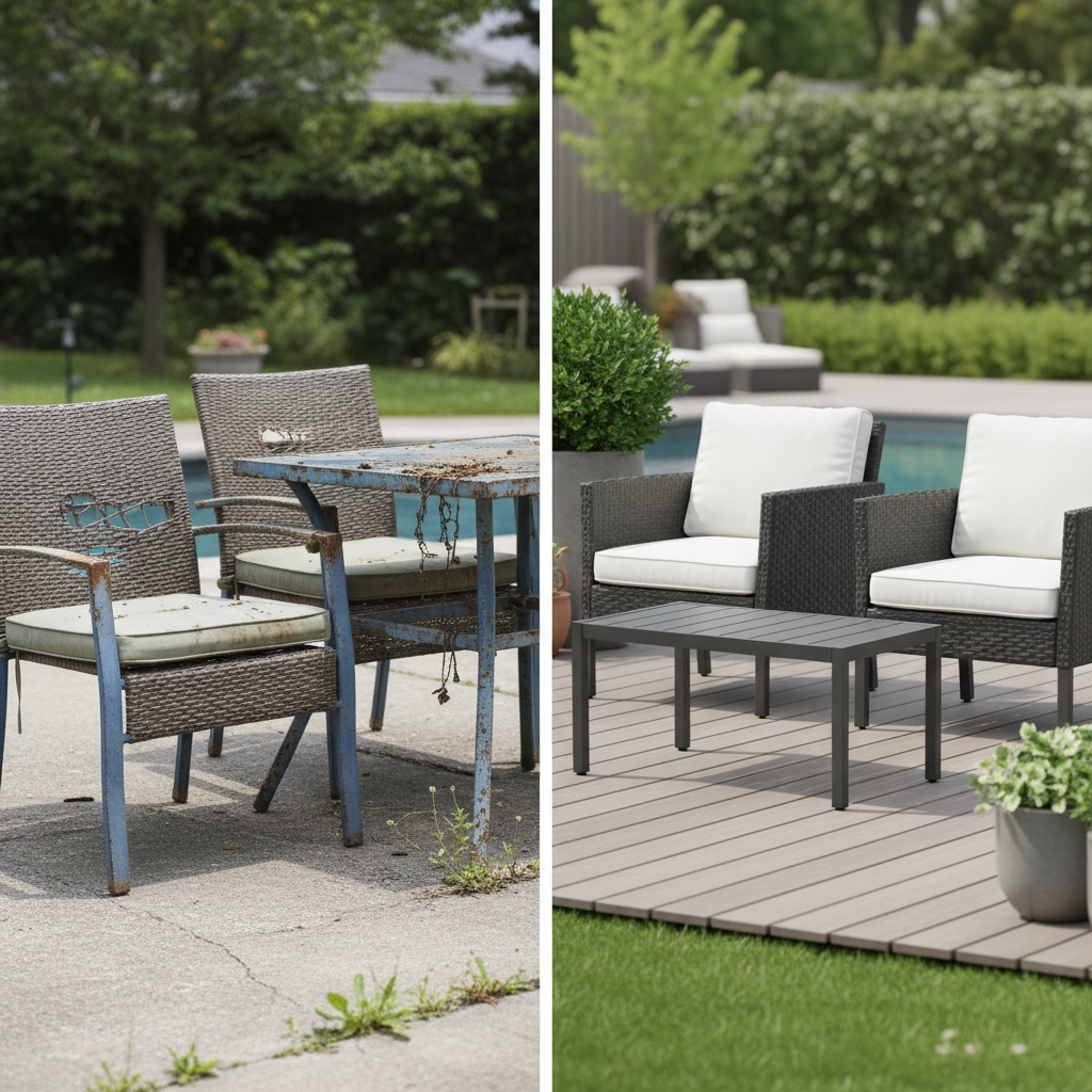 A dramatic before-and-after comparison of a worn-out patio set and a durable aluminum and PE wicker set in an outdoor setting.
