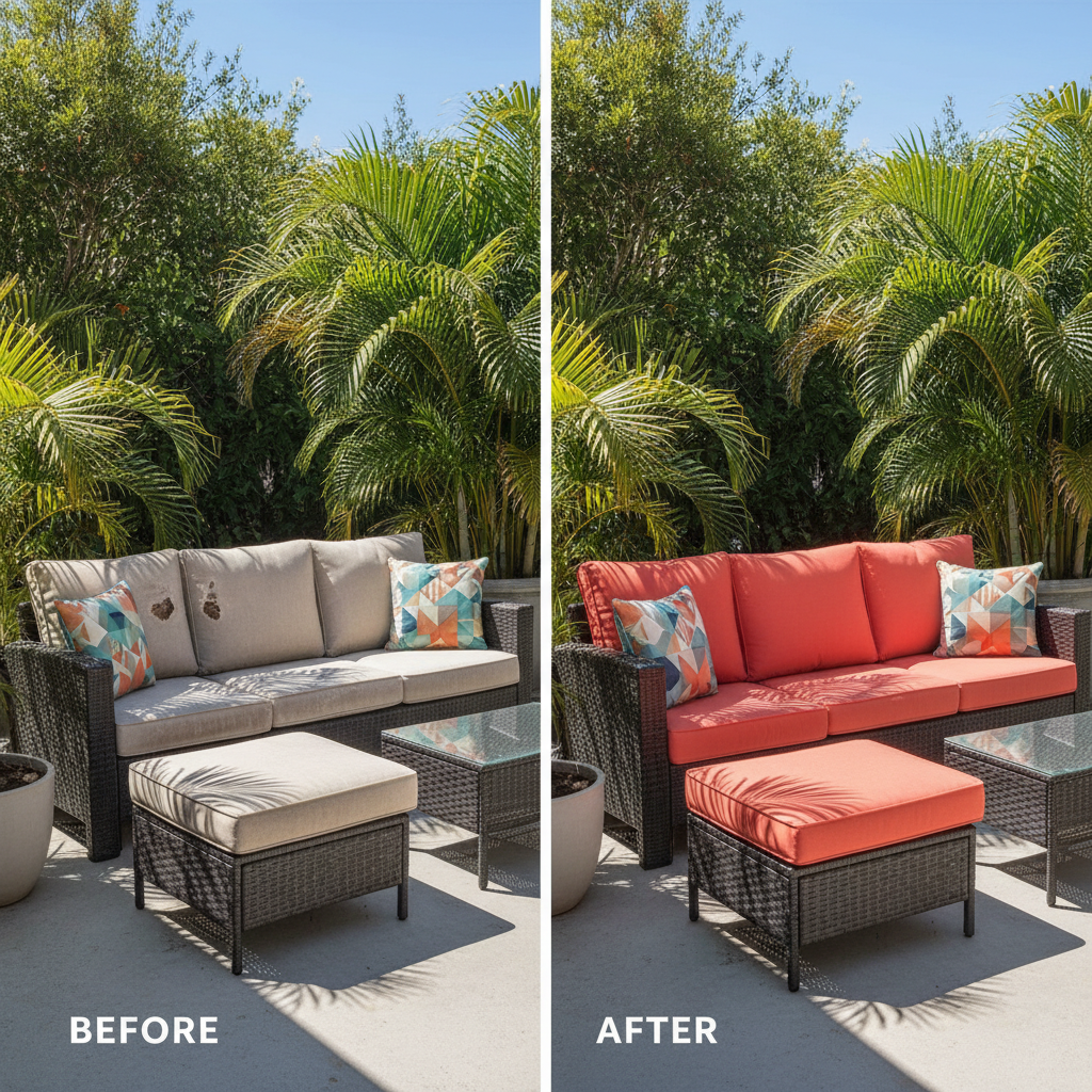 Before-and-after of faded patio furniture refreshed with new colorful UV-resistant cushions on a sunny patio.