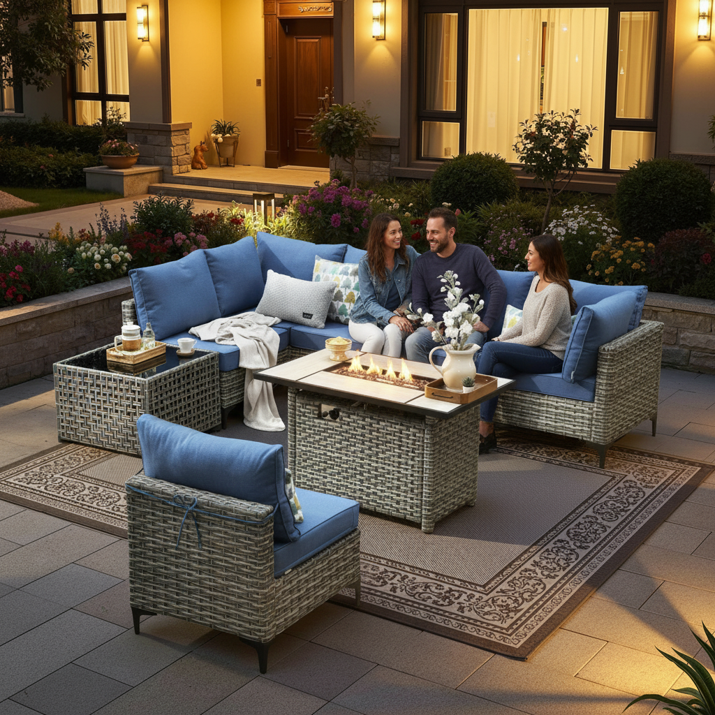 A cozy evening outdoor conversation pit with a modular sectional around a lit fire pit table on a patio, warm lighting, people chatting, and safe spacing clearly visible.