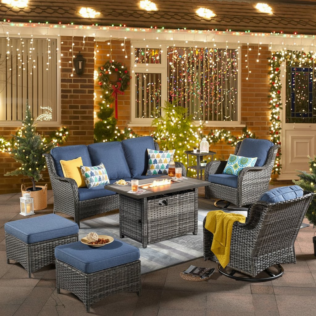 A luxurious modern patio at dusk featuring a central propane fire pit table surrounded by a stylish grey PE wicker conversation set with plush cushions and a warm, smoke-free glow.