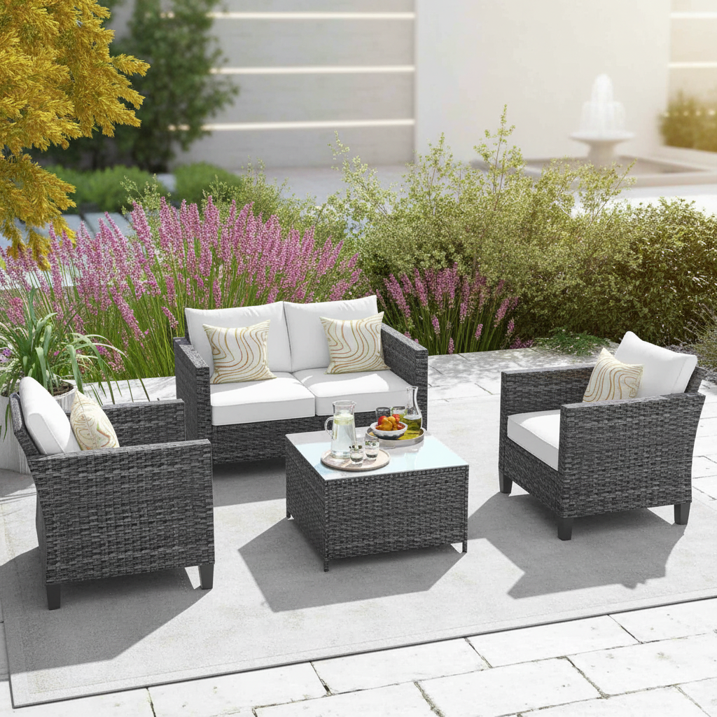 A clean, modern outdoor sectional with white washable cushions on a sunlit contemporary patio.