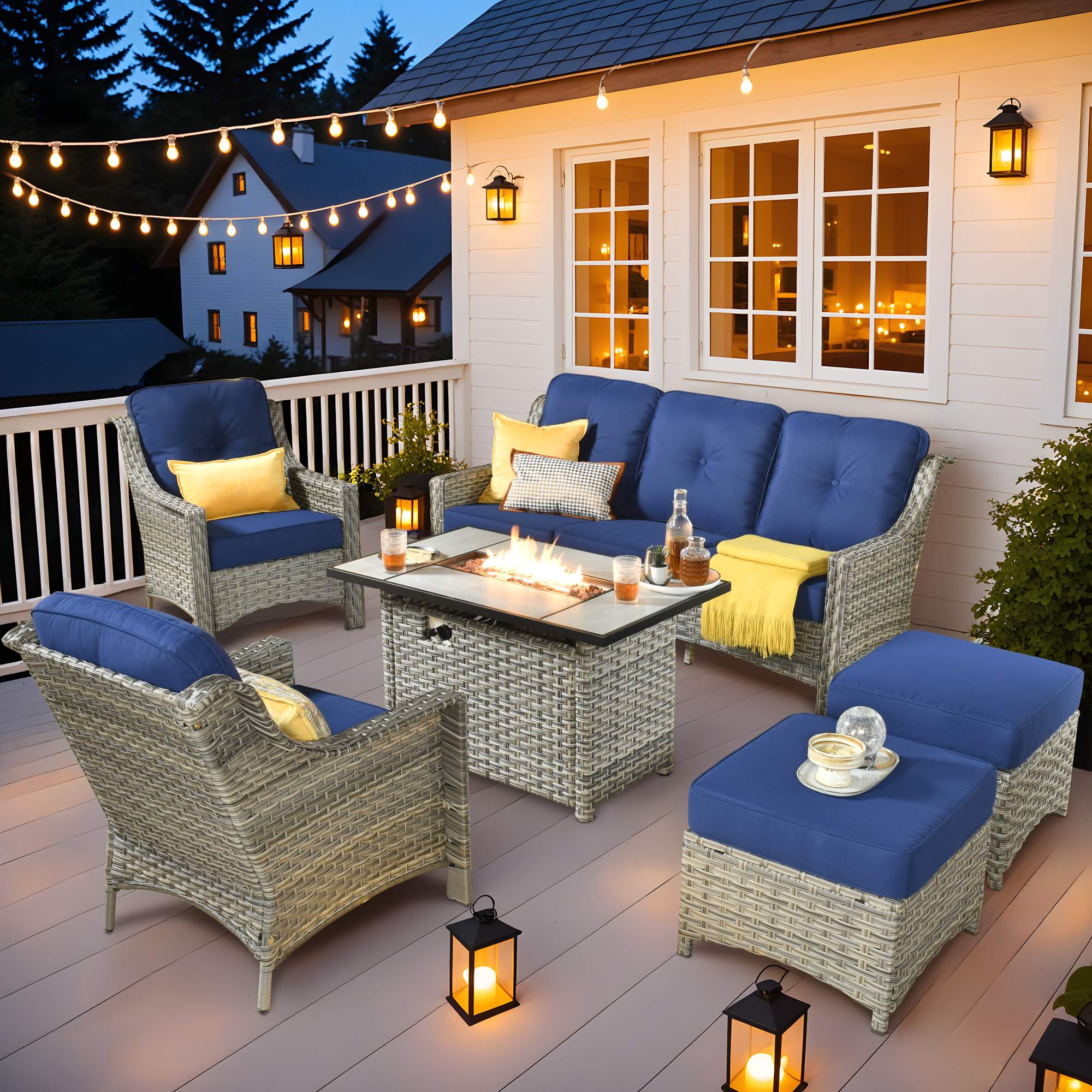 Ovios Outdoor Furniture 7-Piece with 30'' Fire Pit Table and Kenard 2 Rocking Chairs