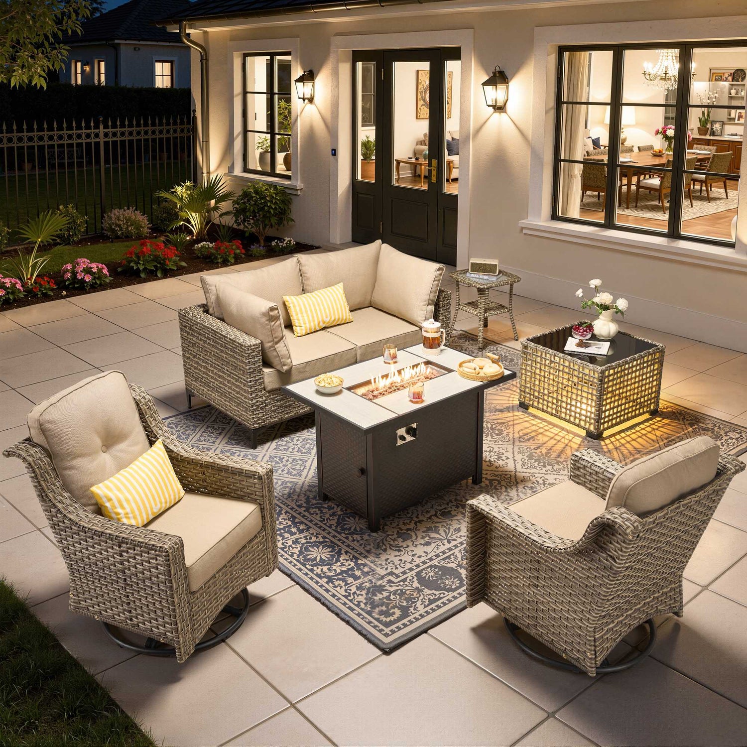 OVIOS white wicker patio sectional set with lit fire pit table and swivel chairs