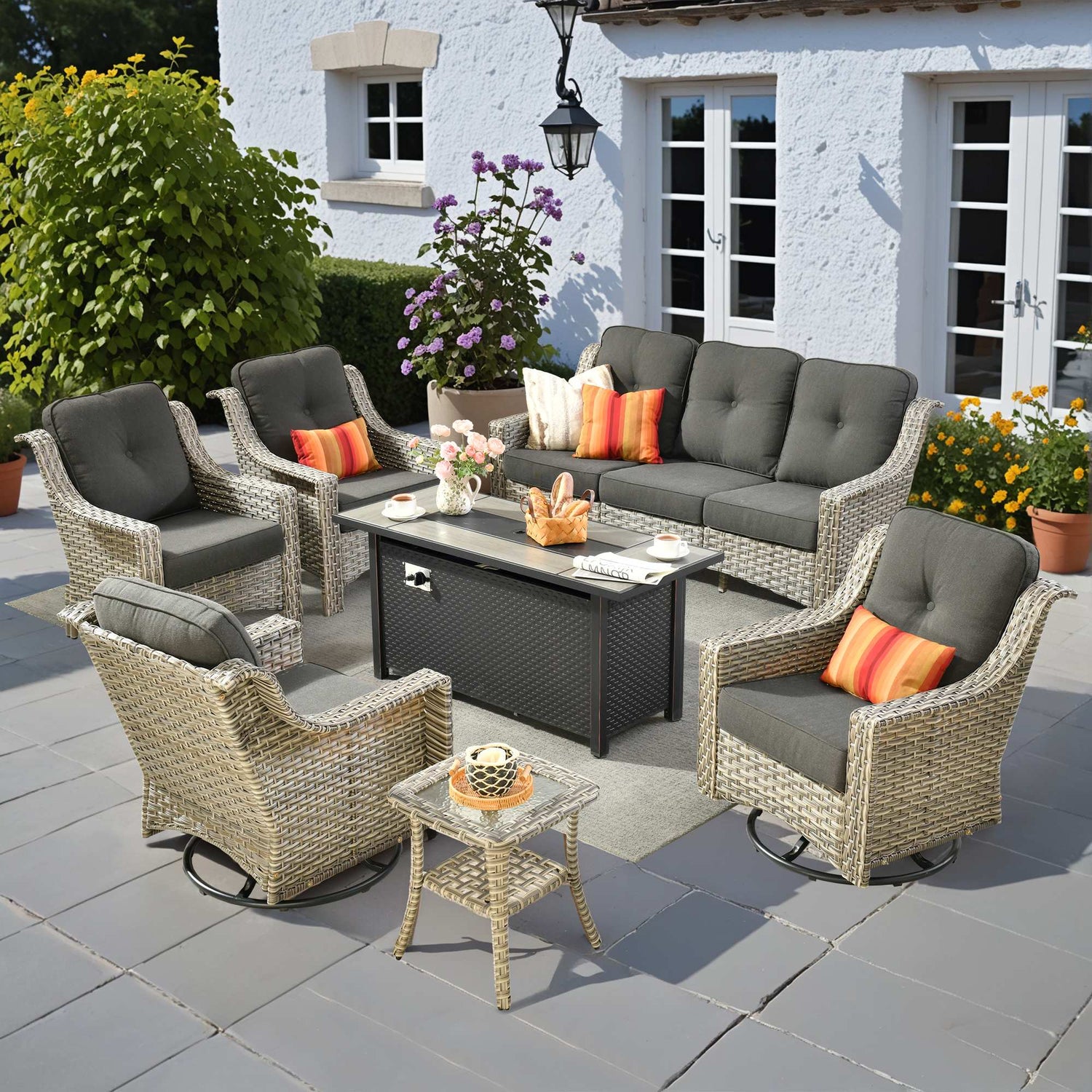 OVIOS Patio Vultros 6-Piece Set With Swivel Chair Lover seat and 30'' Propane Fire Pit Table