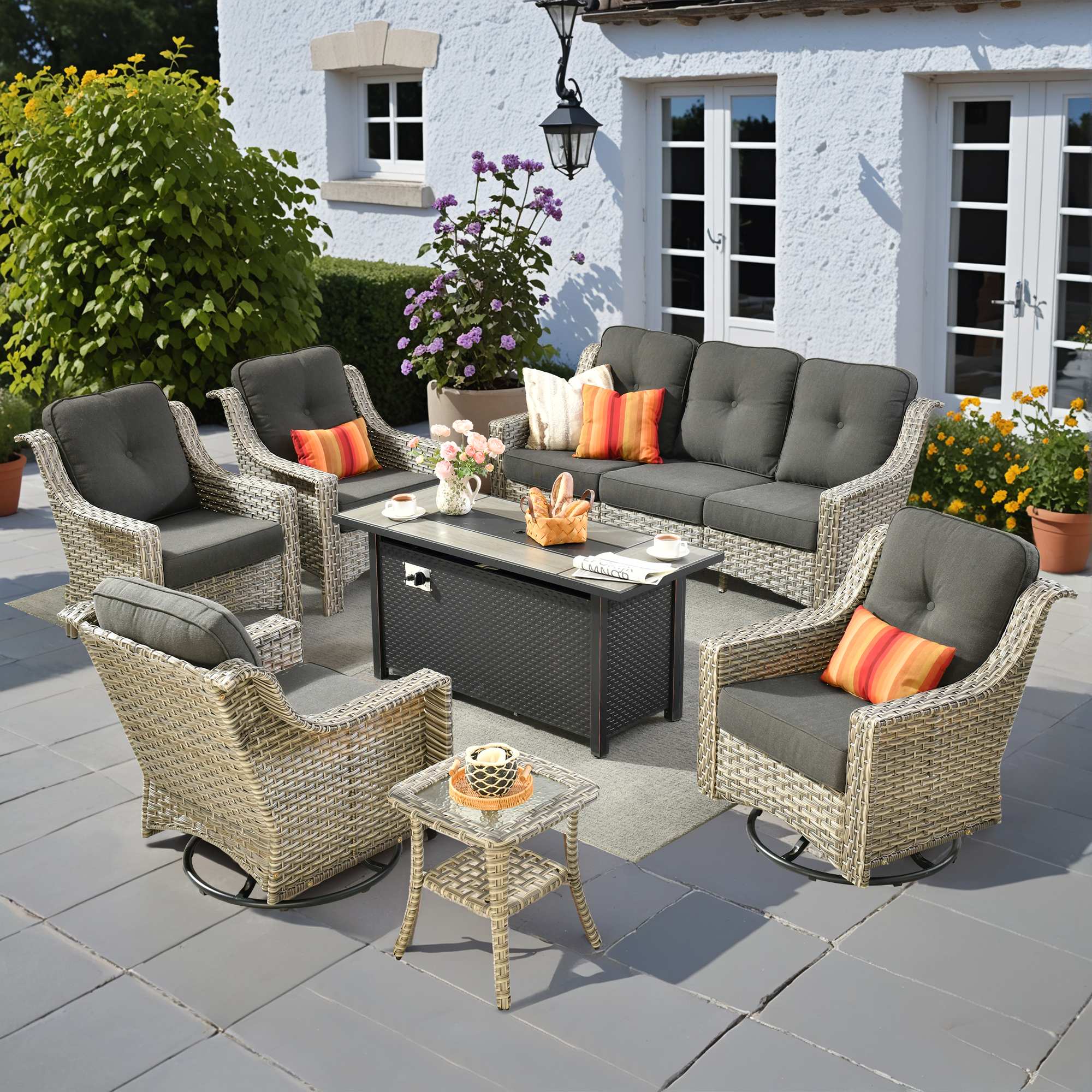 OVIOS Patio Vultros 6-Piece Set With Swivel Chair Lover seat and 30'' Propane Fire Pit Table