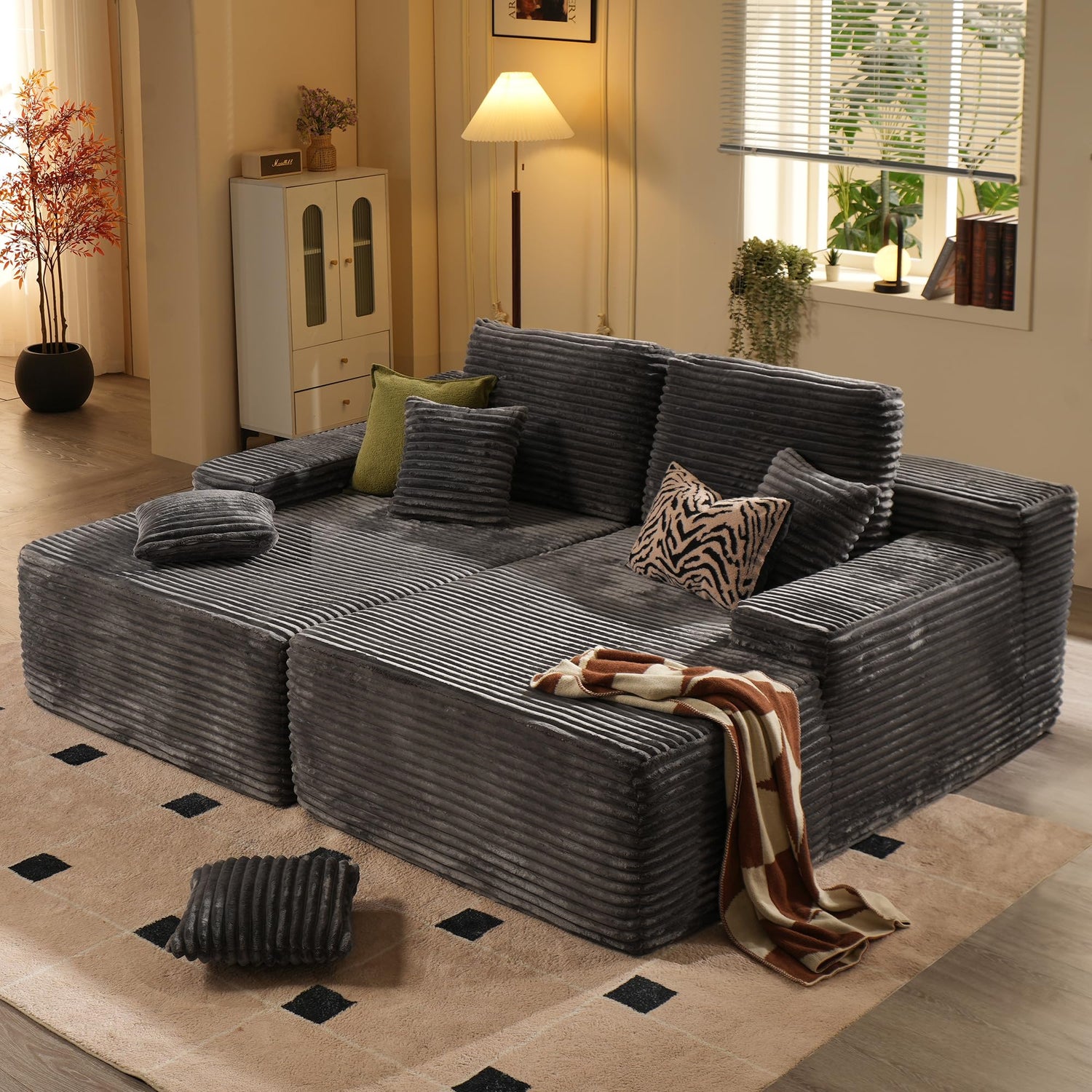 Ovios gray corduroy sectional sofa with chaise lounge and cloud plush design, perfect for comfort and relaxation