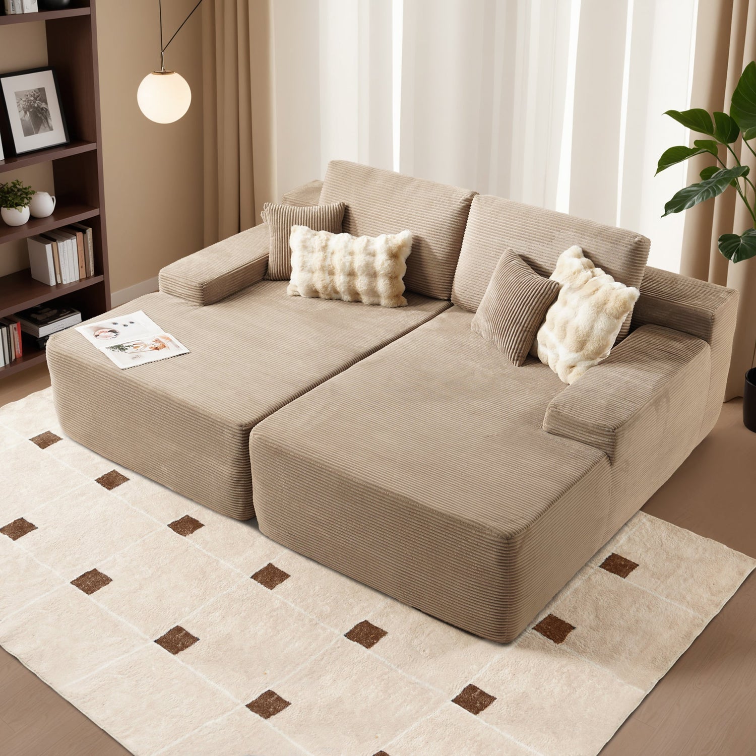 Ovios Beige corduroy sectional sofa with chaise lounge, featuring STAY OZY pillow and wide armrest for maximum comfort