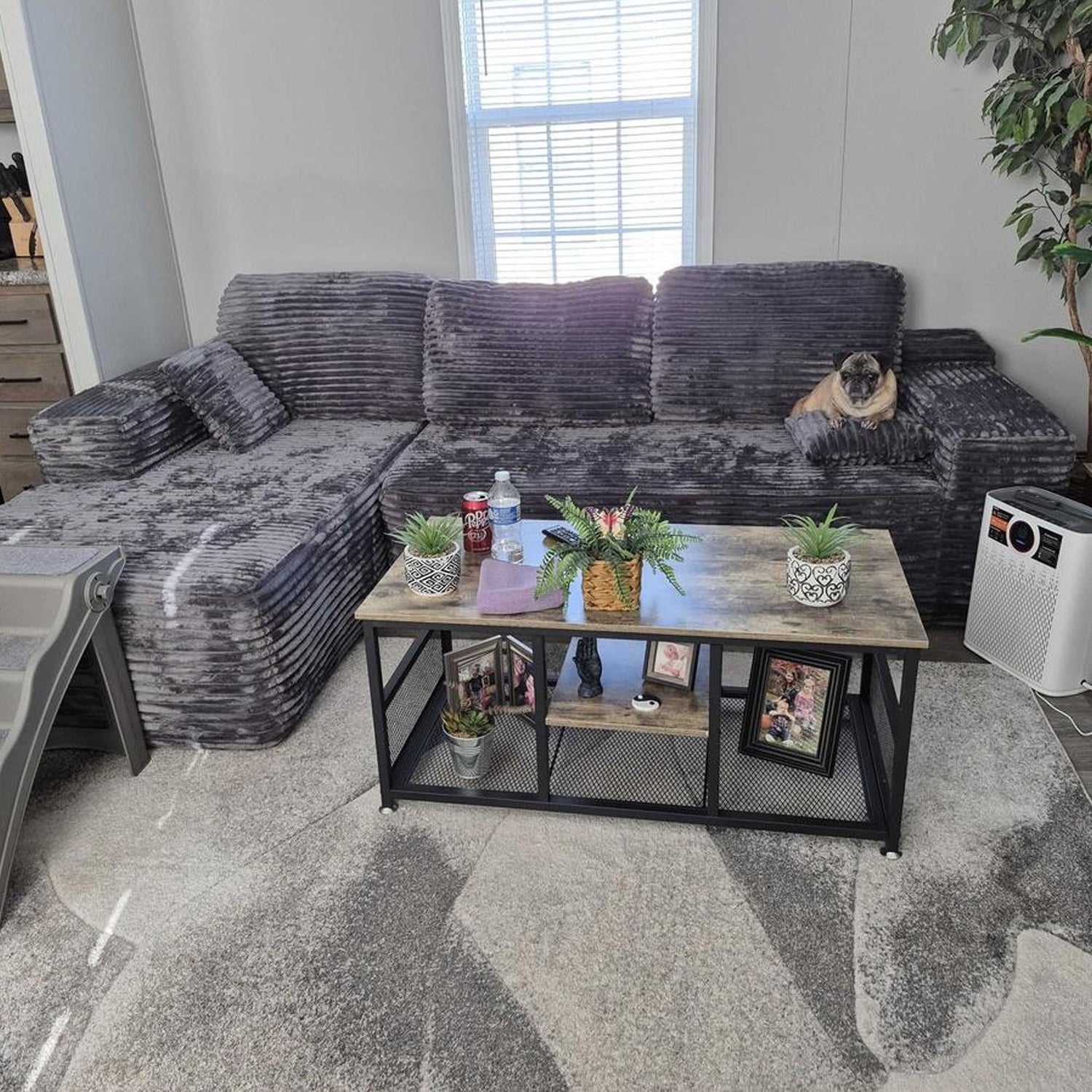 OVIOS Gray 104" L-Shape Modular Couch with Chaise, Plush Corduroy Fabric