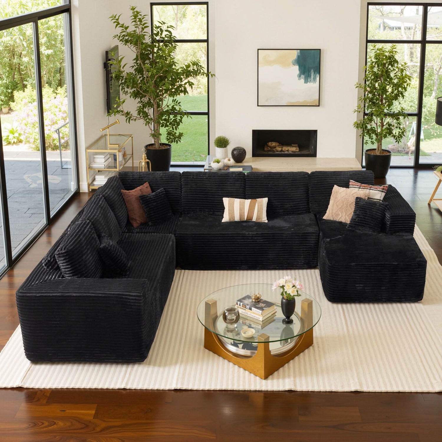 OVIOS Black Corduroy C sectional cloud couch, living room U-shaped sofa