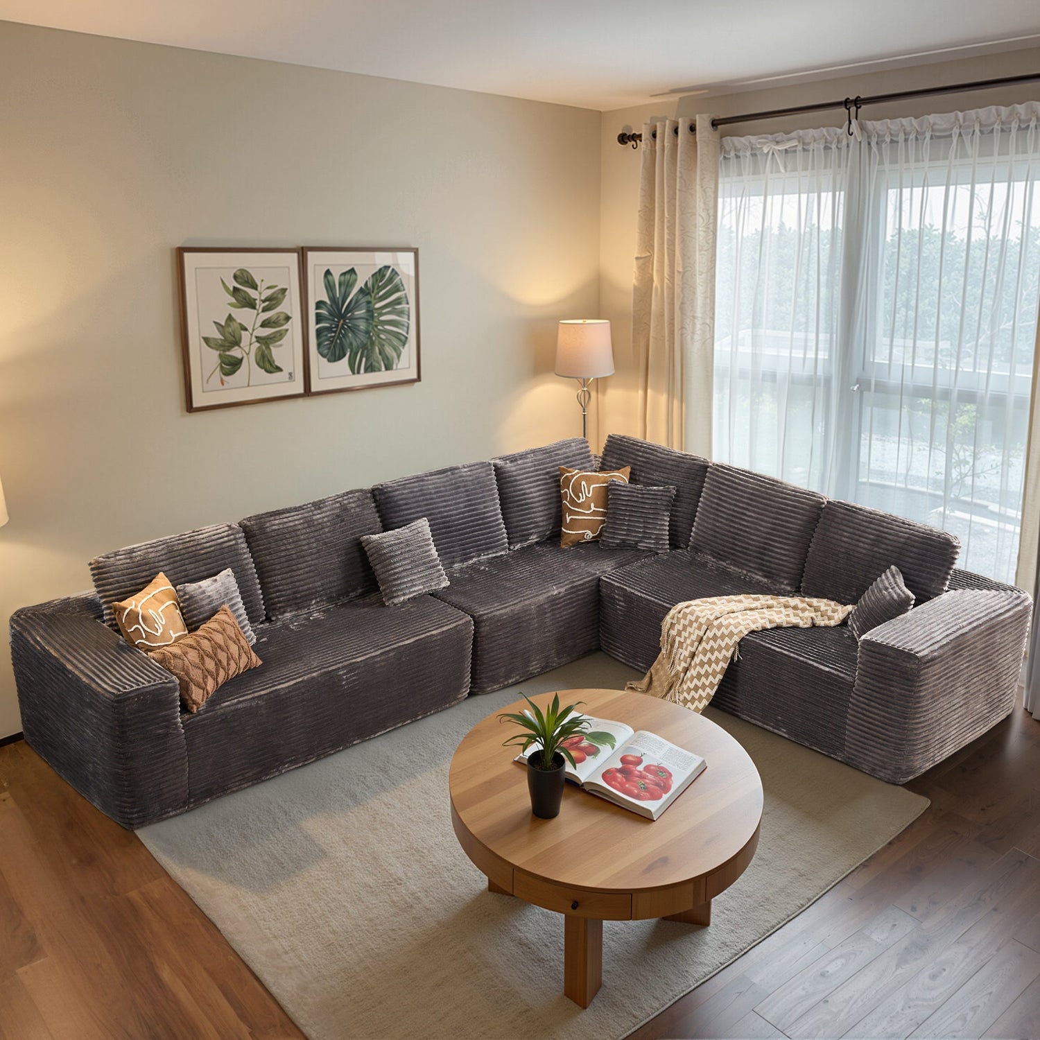 OVIOS Grey Corduroy C Modular Cloud Sofa with Memory Foam, L-Shaped Chaise & Corduroy Upholstery