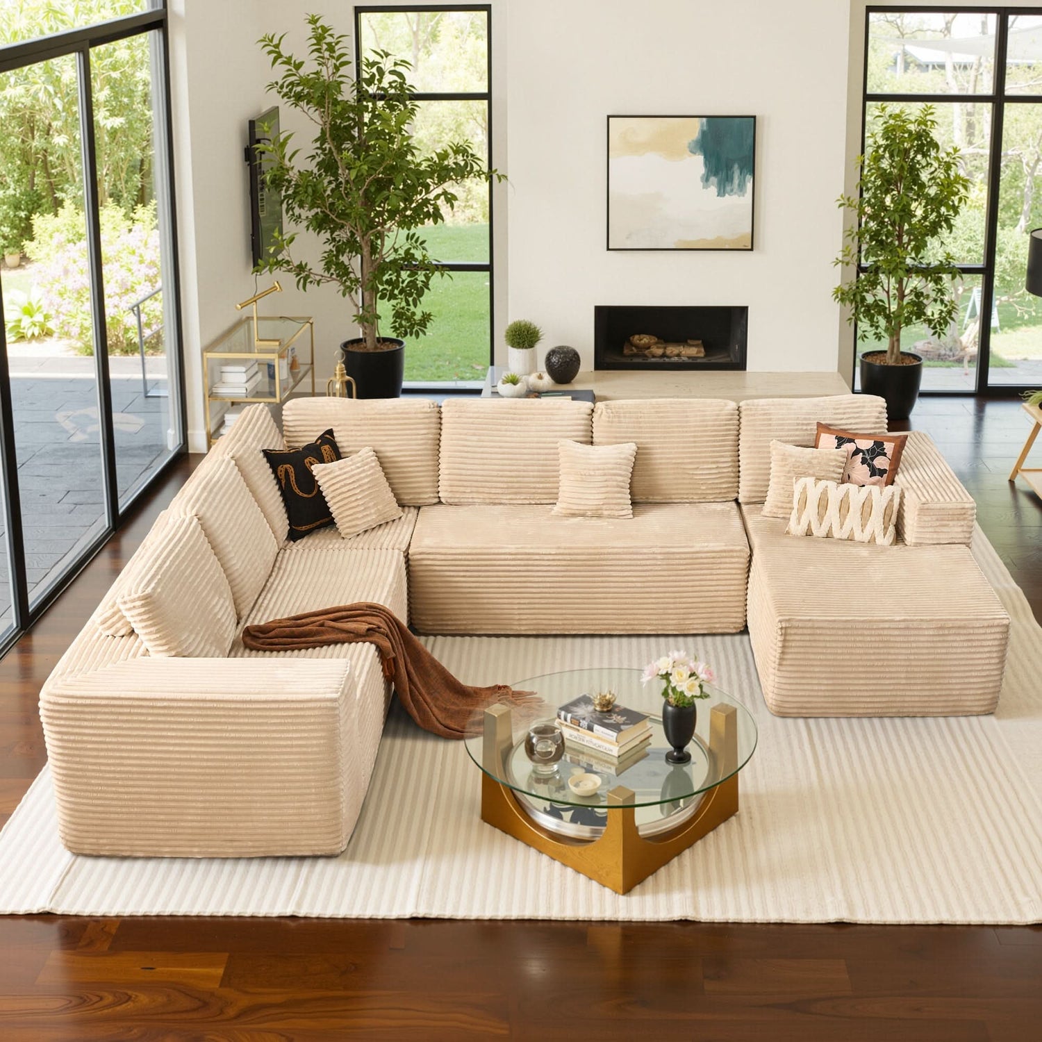 OVIOS Beige Corduroy C sectional cloud couch, living room U-shaped sofa