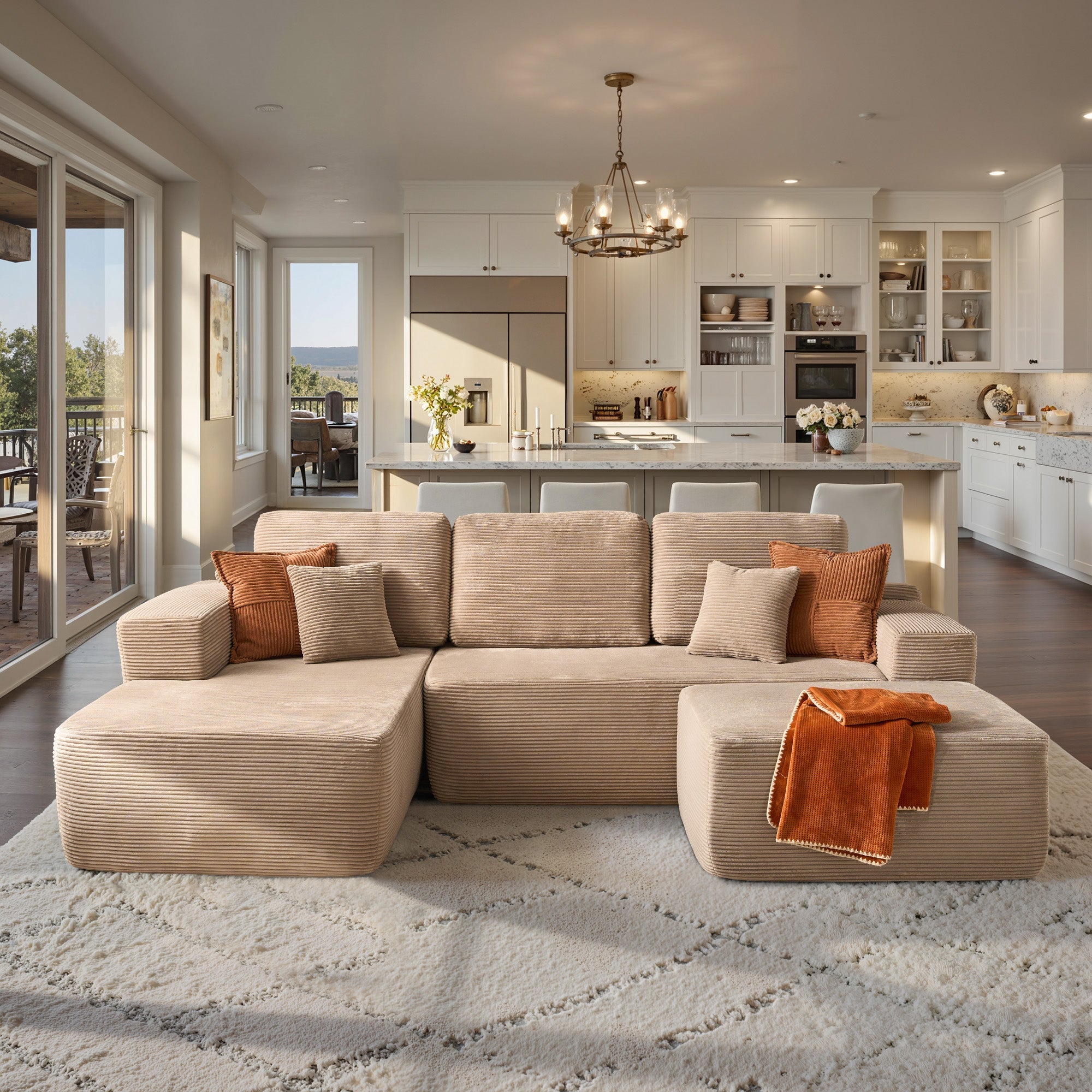 OVIOS 104" L-Shape Modular Couch with Chaise, Plush Corduroy Fabric, No Assembly Required