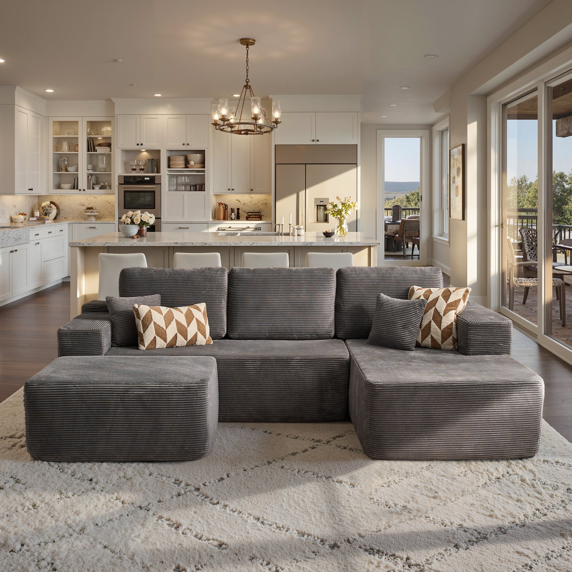 OVIOS U-Shaped Modular Sectional Sofa with Chaise, Plush Corduroy Fabric, No Assembly