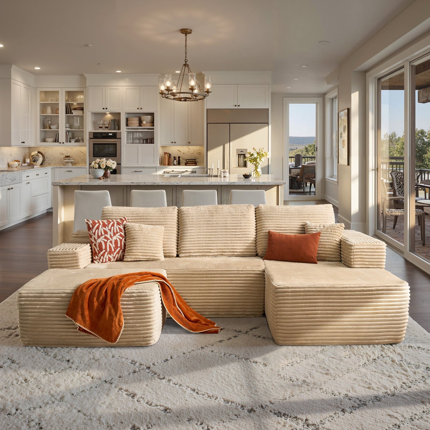 OVIOS 108" U-Shape Modular Couch with Ottoman, Plush Corduroy Fabric, No Assembly Required