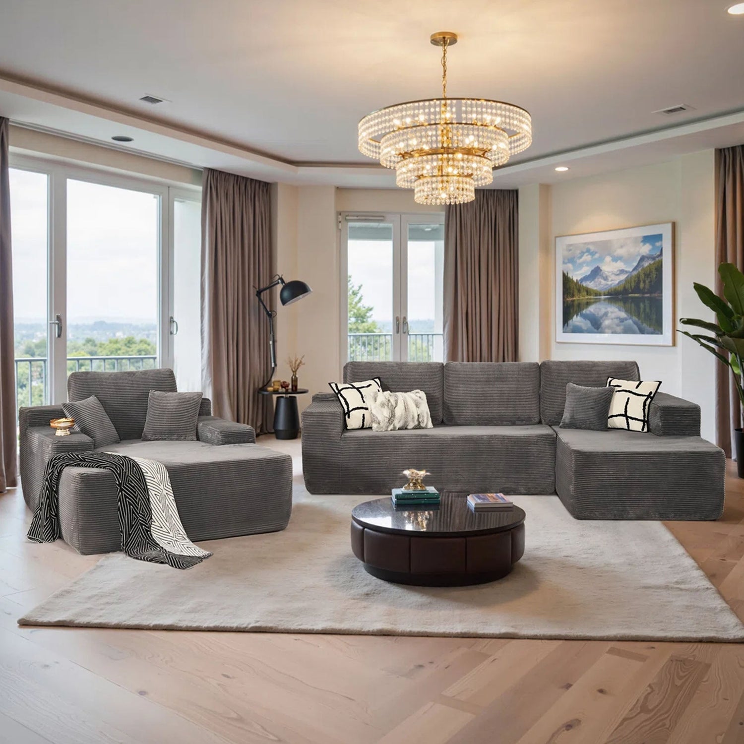 OVIOS 104" L-Shape Modular Couch with Chaise, Plush Corduroy Fabric, No Assembly Required