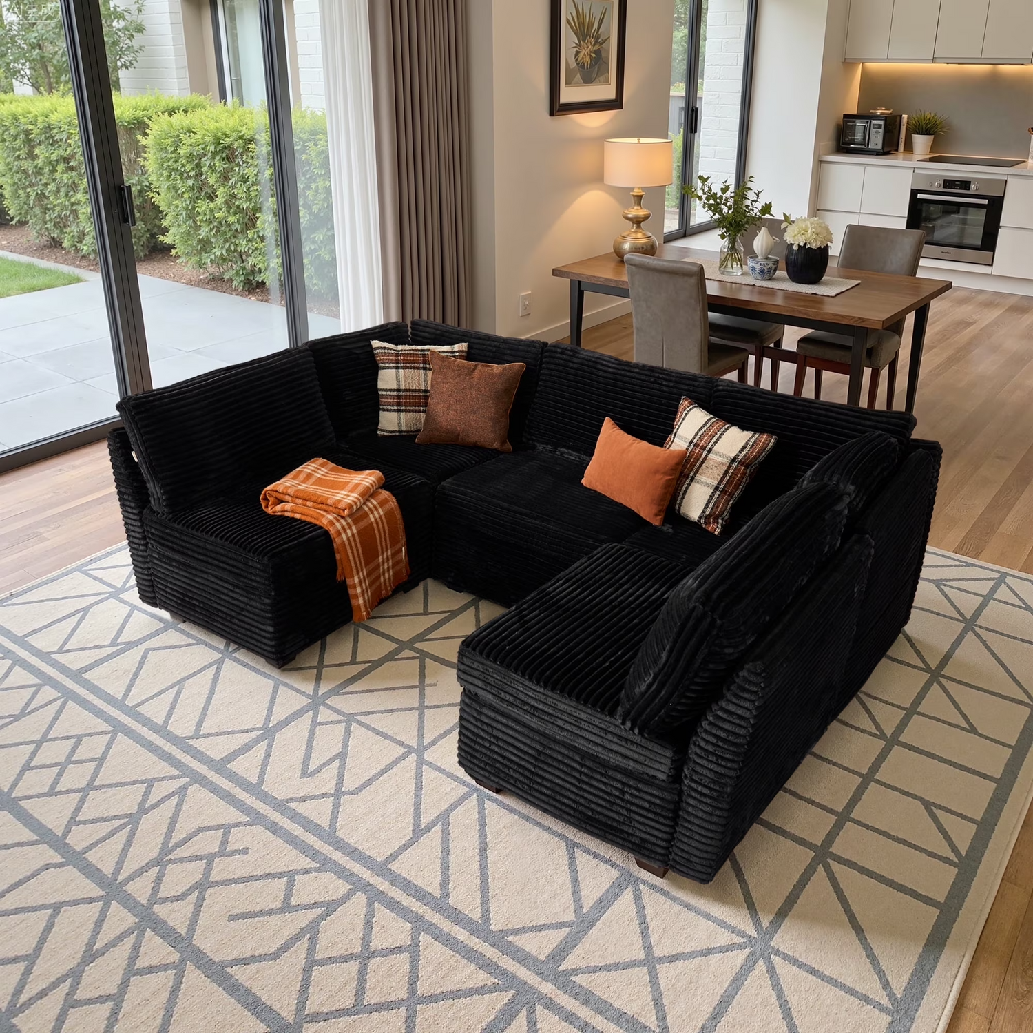 OVIOS Black Corduroy C sectional cloud couch, living room U-shaped sofa, plush corduroy, memory foam