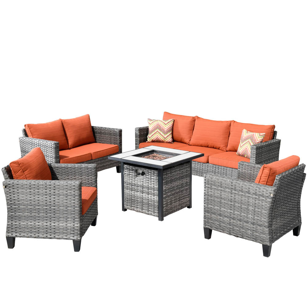 Ovios Patio Vultros Furniture Set 7-Person Seating with 30'' Propane Fire Pit Table