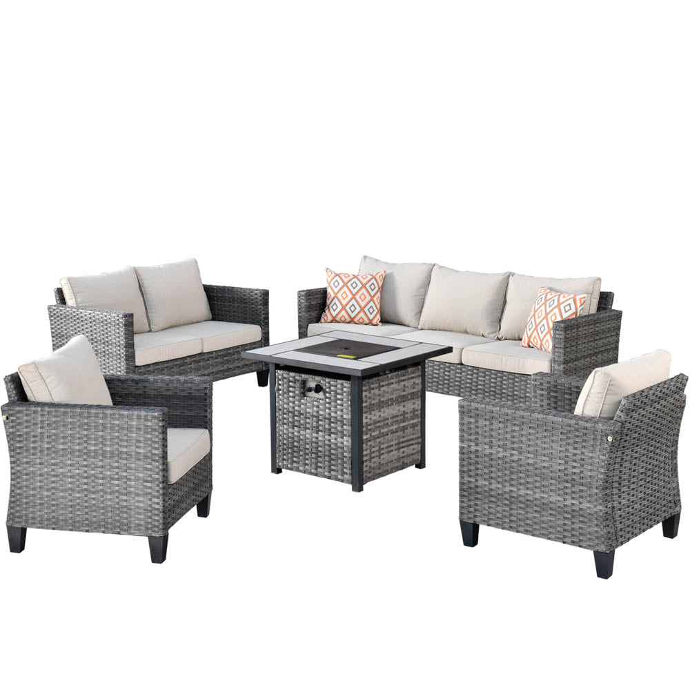 Ovios Patio Vultros Furniture Set 7-Person Seating with 30'' Propane Fire Pit Table