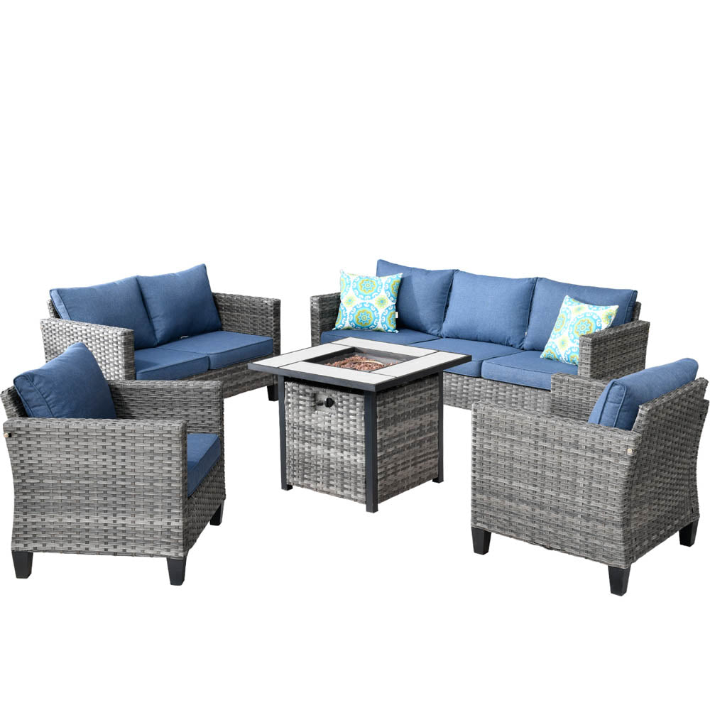 Ovios Patio Vultros Furniture Set 7-Person Seating with 30'' Propane Fire Pit Table