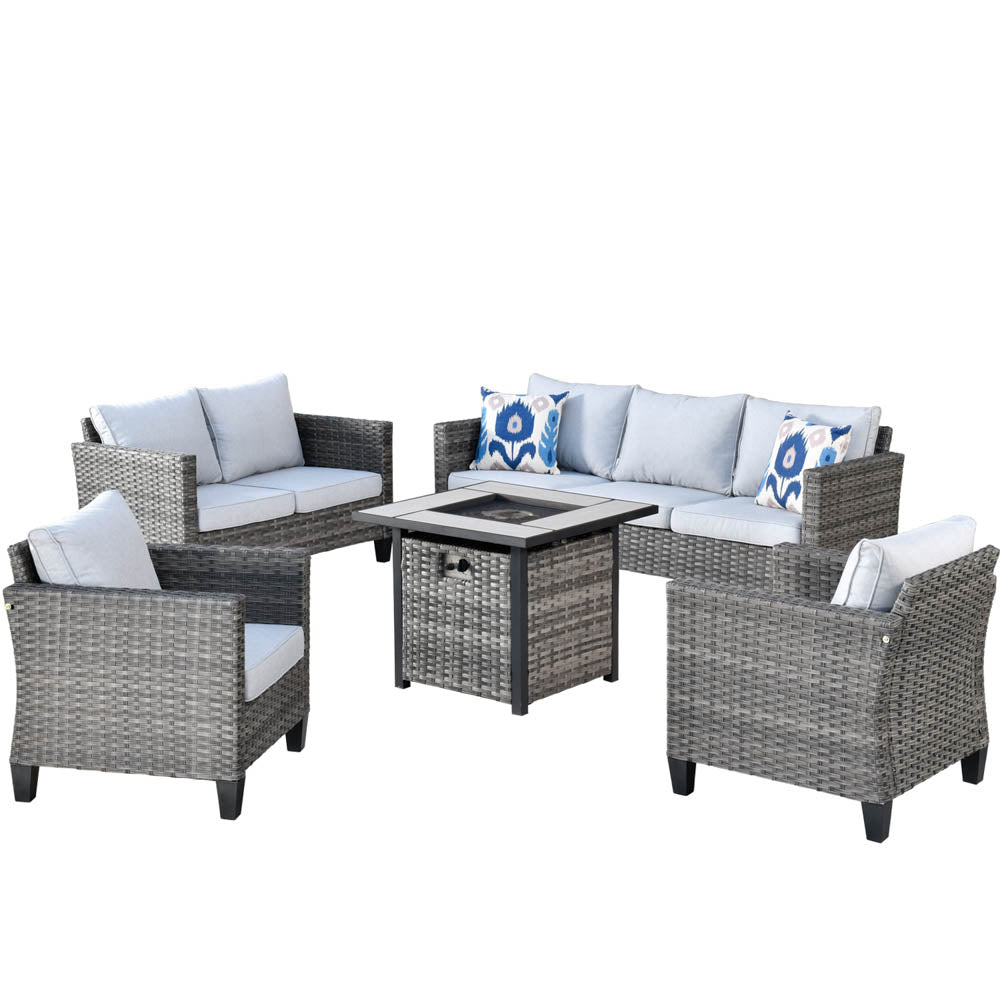 Ovios Patio Vultros Furniture Set 7-Person Seating with 30'' Propane Fire Pit Table