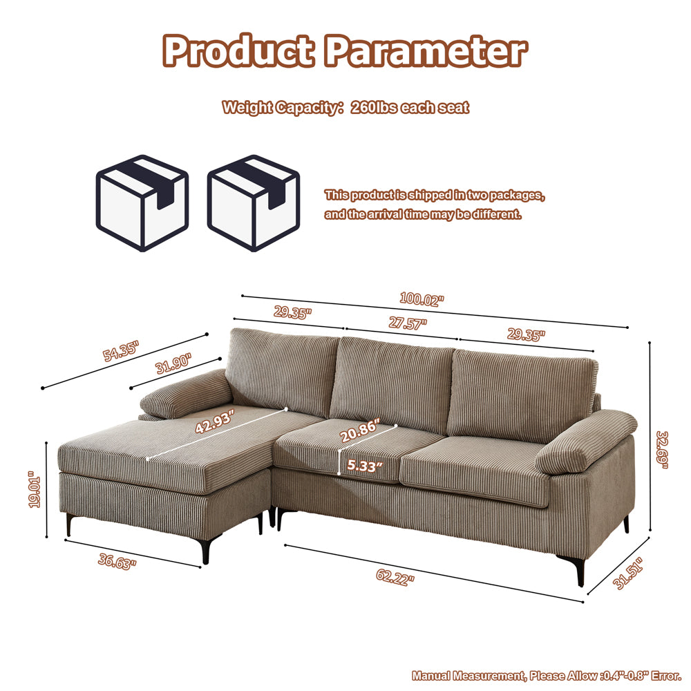 Ovios 100.02" Living Room Sofa Reversible Chaise Corduroy Fabric with Ottoman
