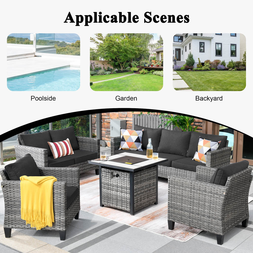 Ovios Patio Vultros Furniture Set 7-Person Seating with 30'' Propane Fire Pit Table