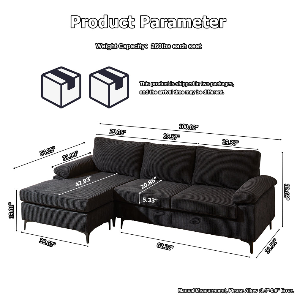 Ovios 100.02" Living Room Sofa Reversible Chaise Corduroy Fabric with Ottoman