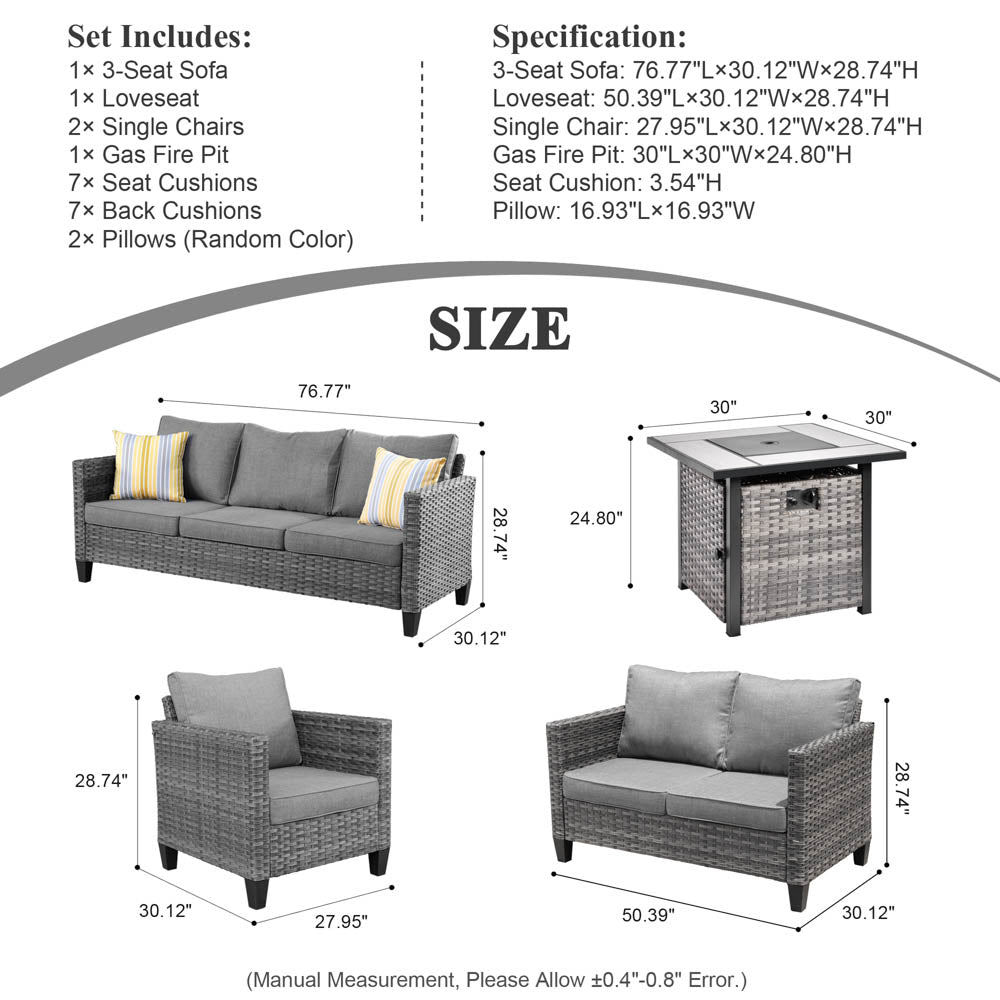 Ovios Patio Vultros Furniture Set 7-Person Seating with 30'' Propane Fire Pit Table