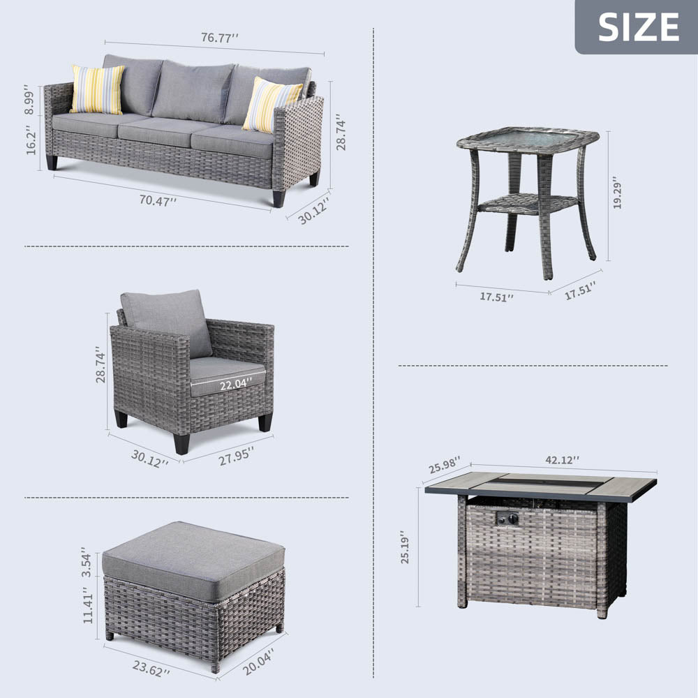 Ovios Patio Vultros 7-Piece Set With Swivel Chair and Rectangle 42'' Propane Fire Pit Table