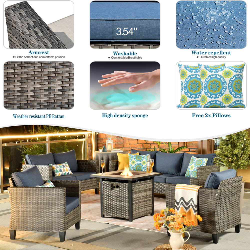 Ovios Patio Vultros Furniture Set 7-Person Seating with 30'' Propane Fire Pit Table