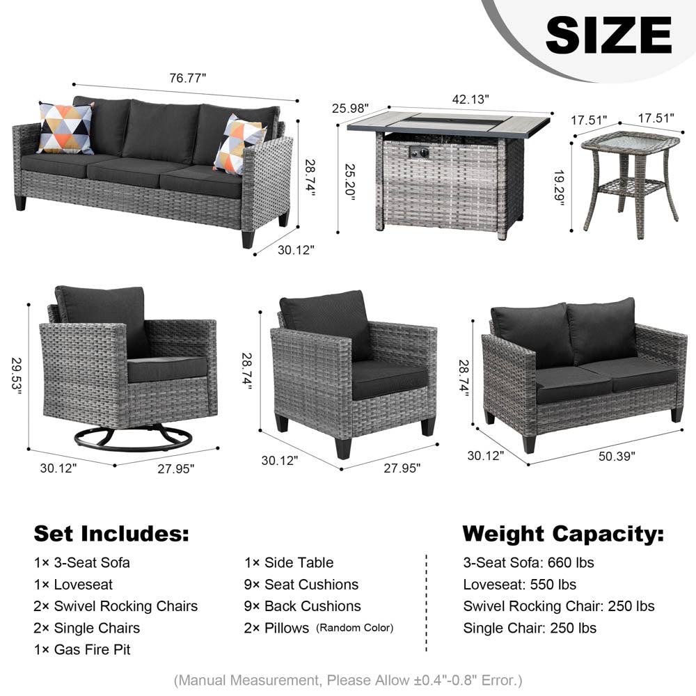 Ovios Patio Vultros 8-Piece Set With Swivel Chair and Rectangle 42'' Propane Fire Pit Table