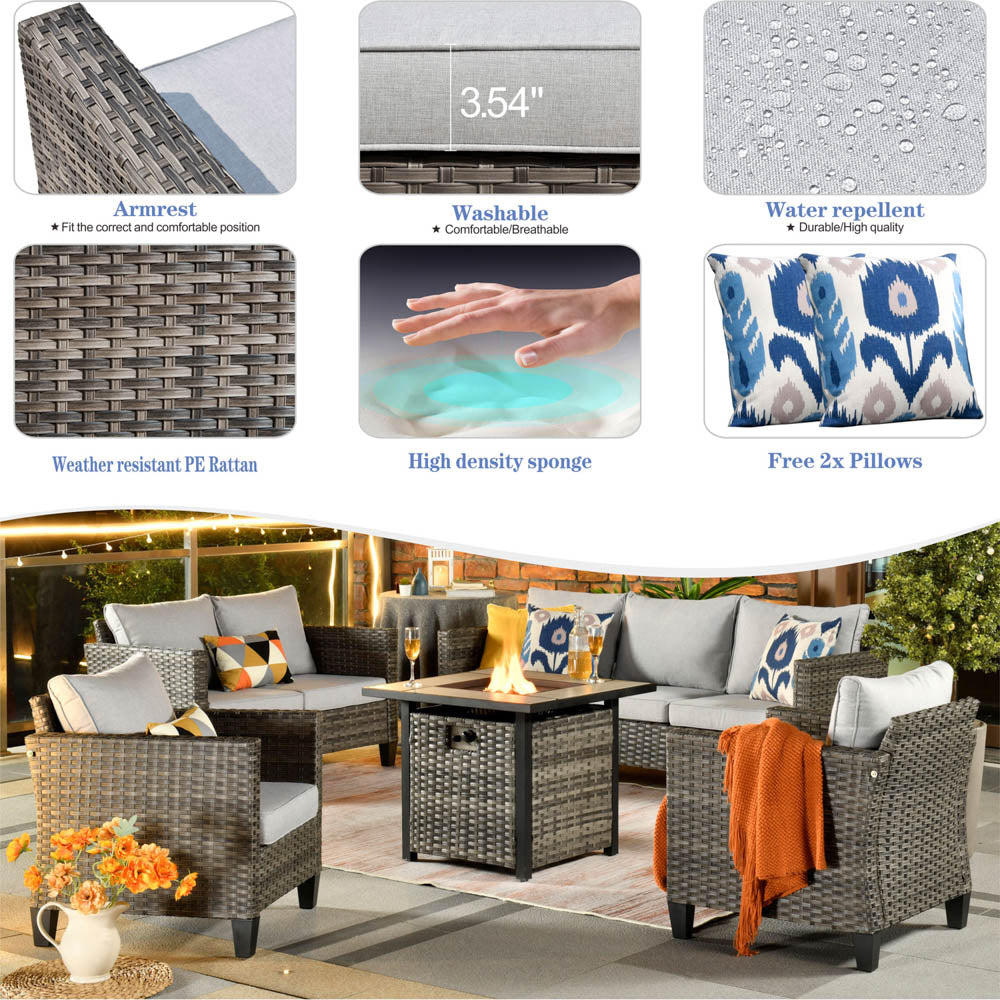 Ovios Patio Vultros Furniture Set 7-Person Seating with 30'' Propane Fire Pit Table