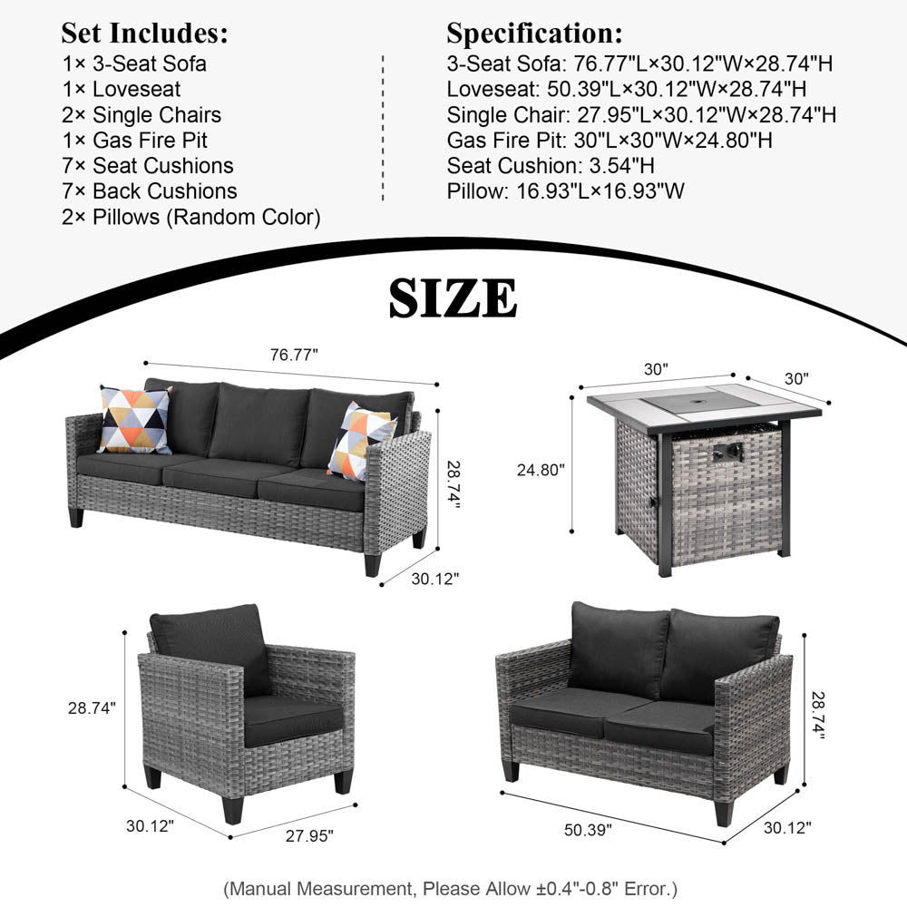 Ovios Patio Vultros Furniture Set 7-Person Seating with 30'' Propane Fire Pit Table