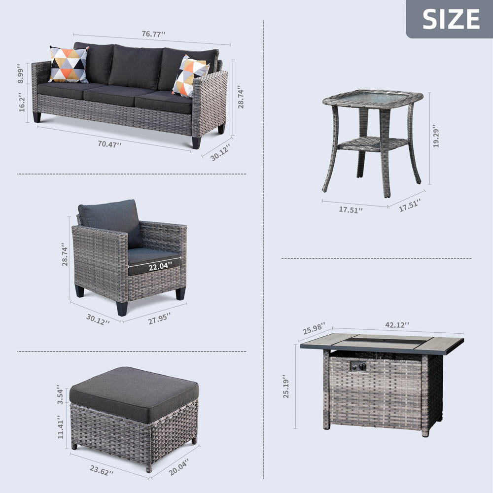 Ovios Patio Vultros 7-Piece Set With Swivel Chair and Rectangle 42'' Propane Fire Pit Table