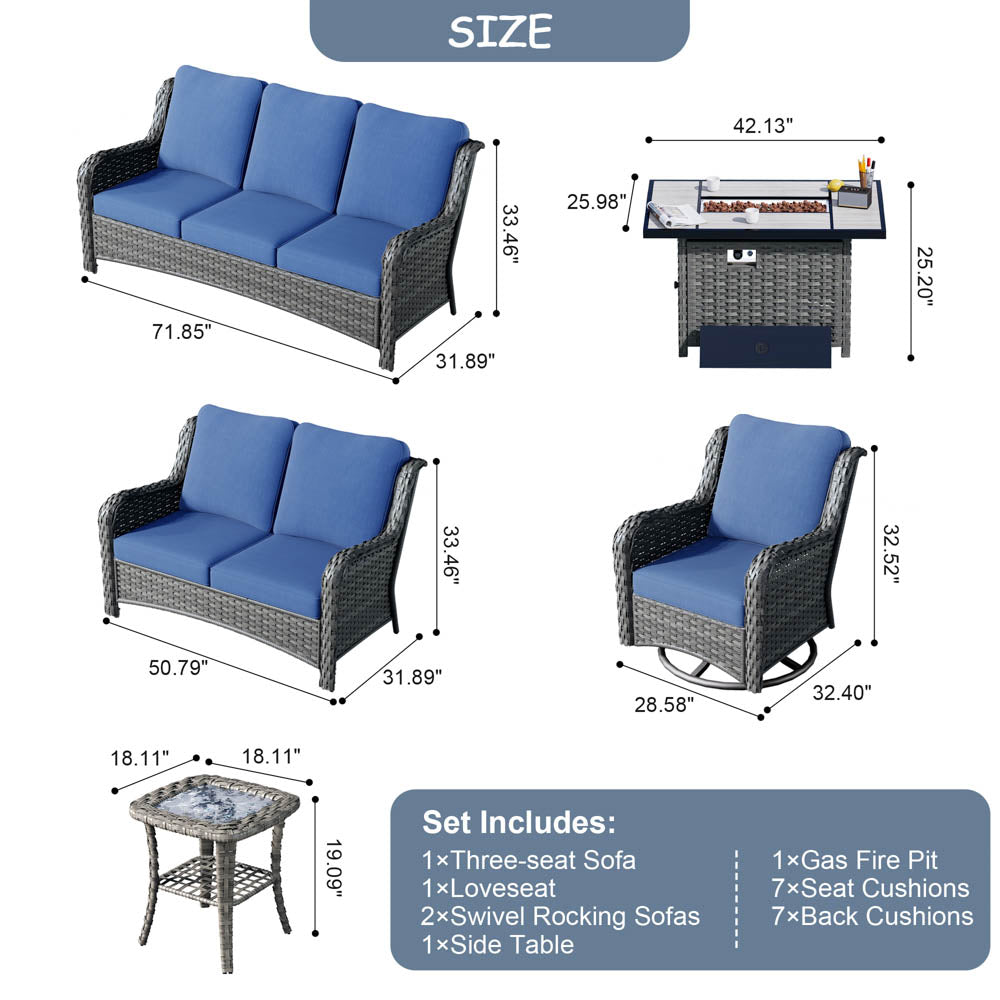 Ovios Patio Kenard 6-Piece Conversation Set with 42'' Rectangle Propane Fire Pit Table and Rocking Chairs