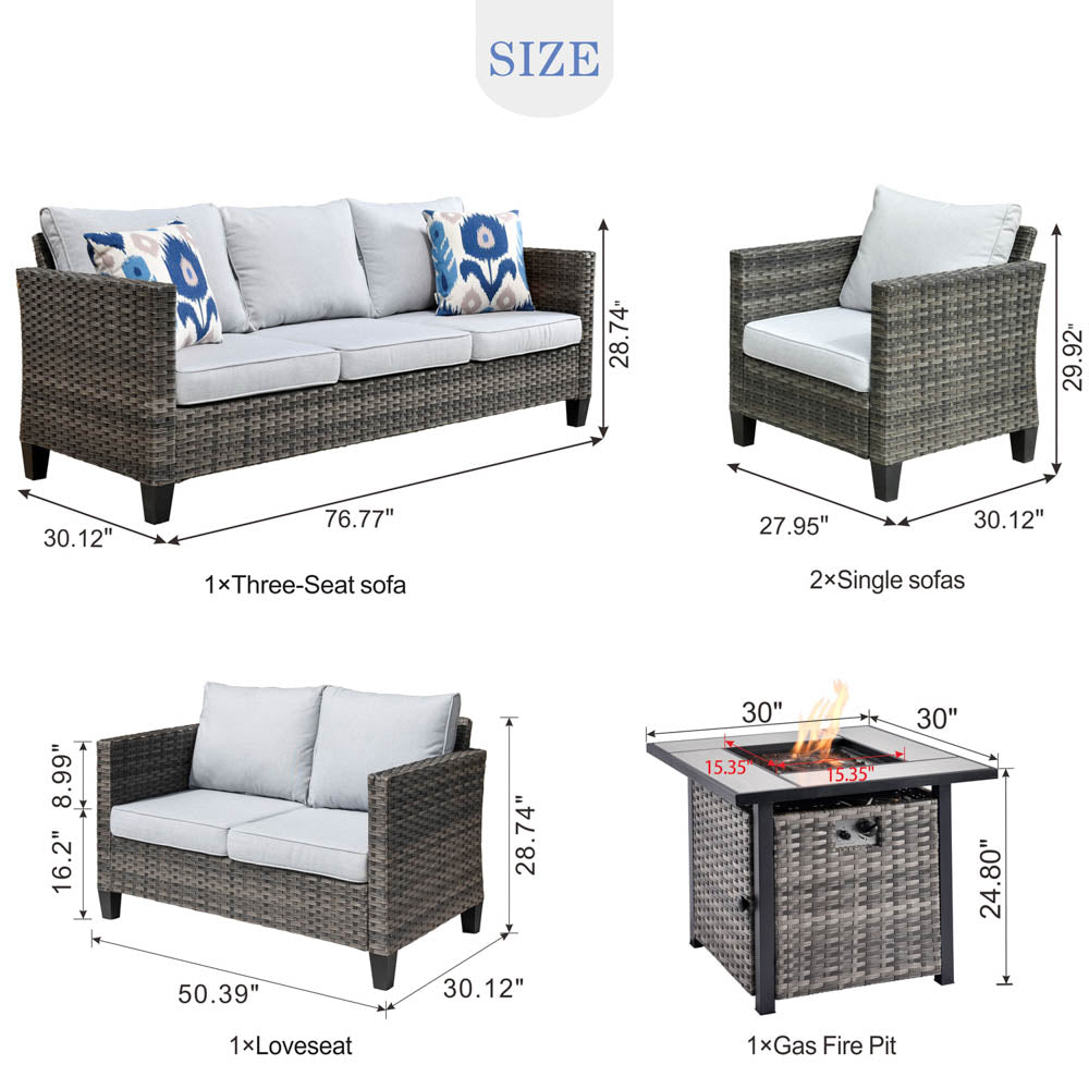 Ovios Patio Vultros Furniture Set 7-Person Seating with 30'' Propane Fire Pit Table
