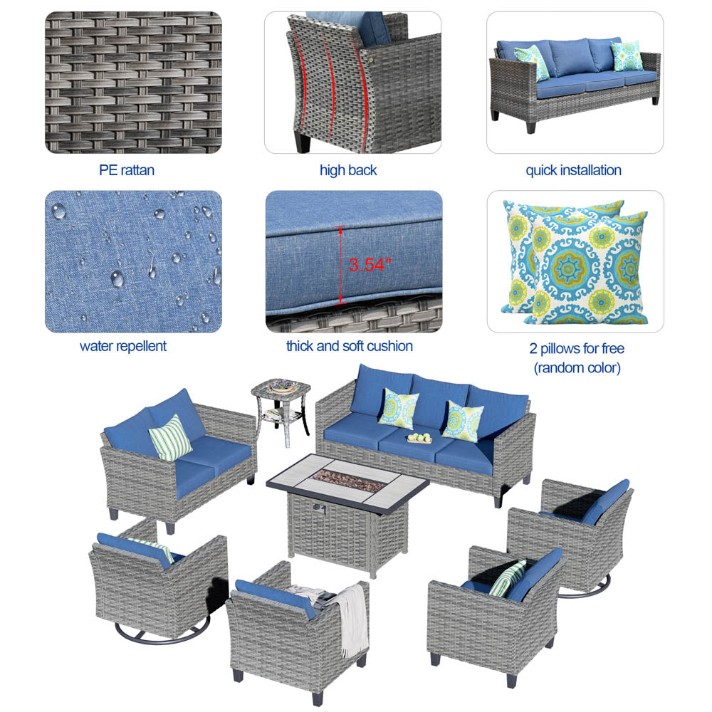 OVIOS Patio Vultros 8-Piece Set With Swivel Chair and Rectangle 42'' Propane Fire Pit Table