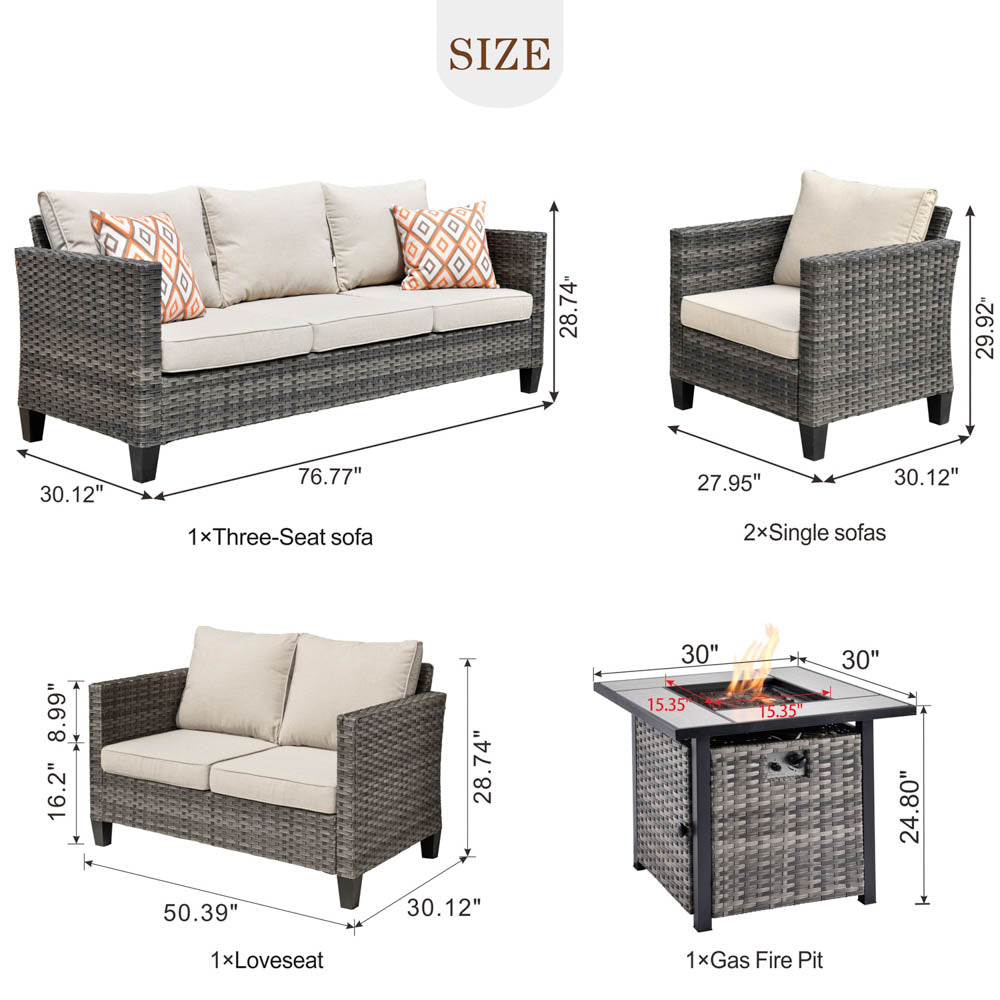 Ovios Patio Vultros Furniture Set 7-Person Seating with 30'' Propane Fire Pit Table