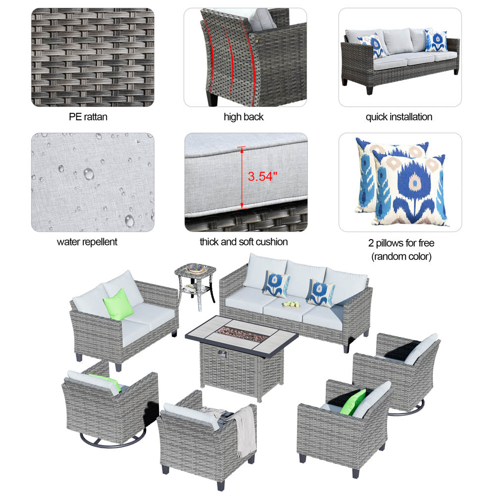 OVIOS Patio Vultros 8-Piece Set With Swivel Chair and Rectangle 42'' Propane Fire Pit Table