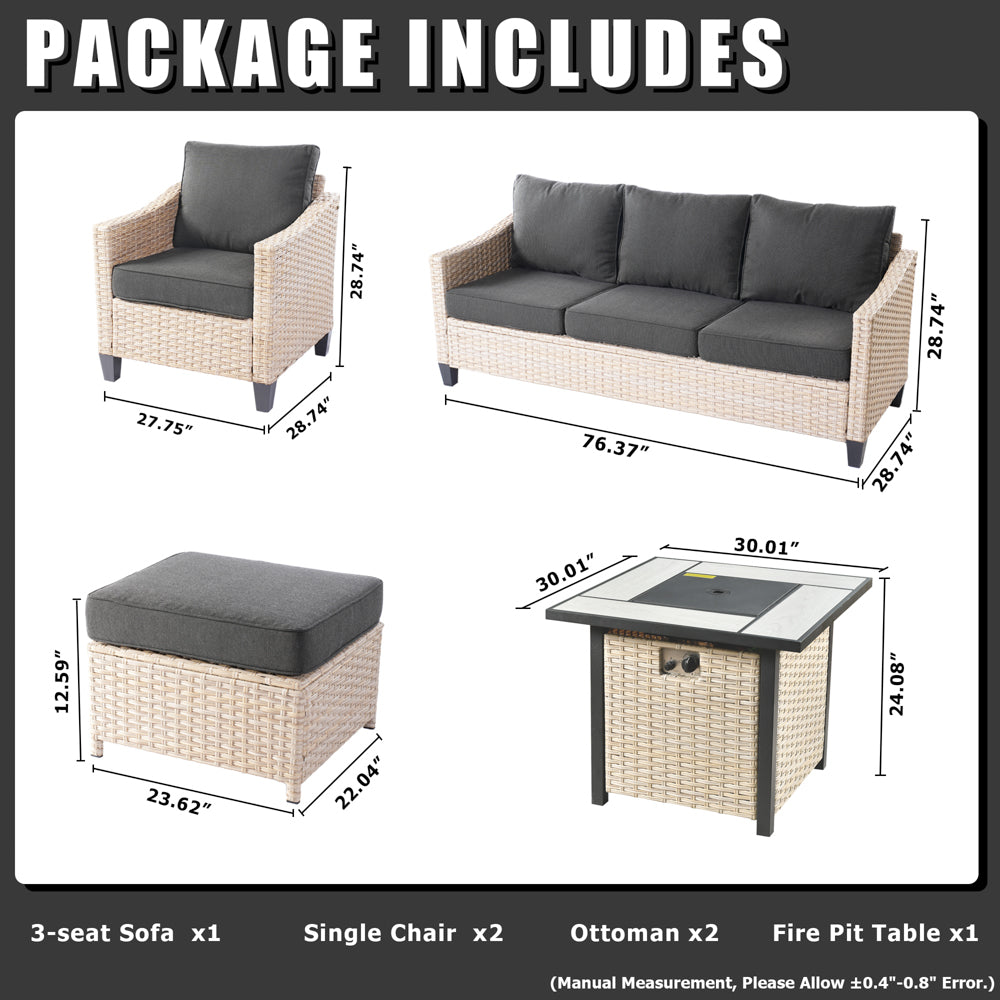 Ovios Athena Series Outdoor Patio Furniture Set with 30'' Fire Pit Table 6-Piece