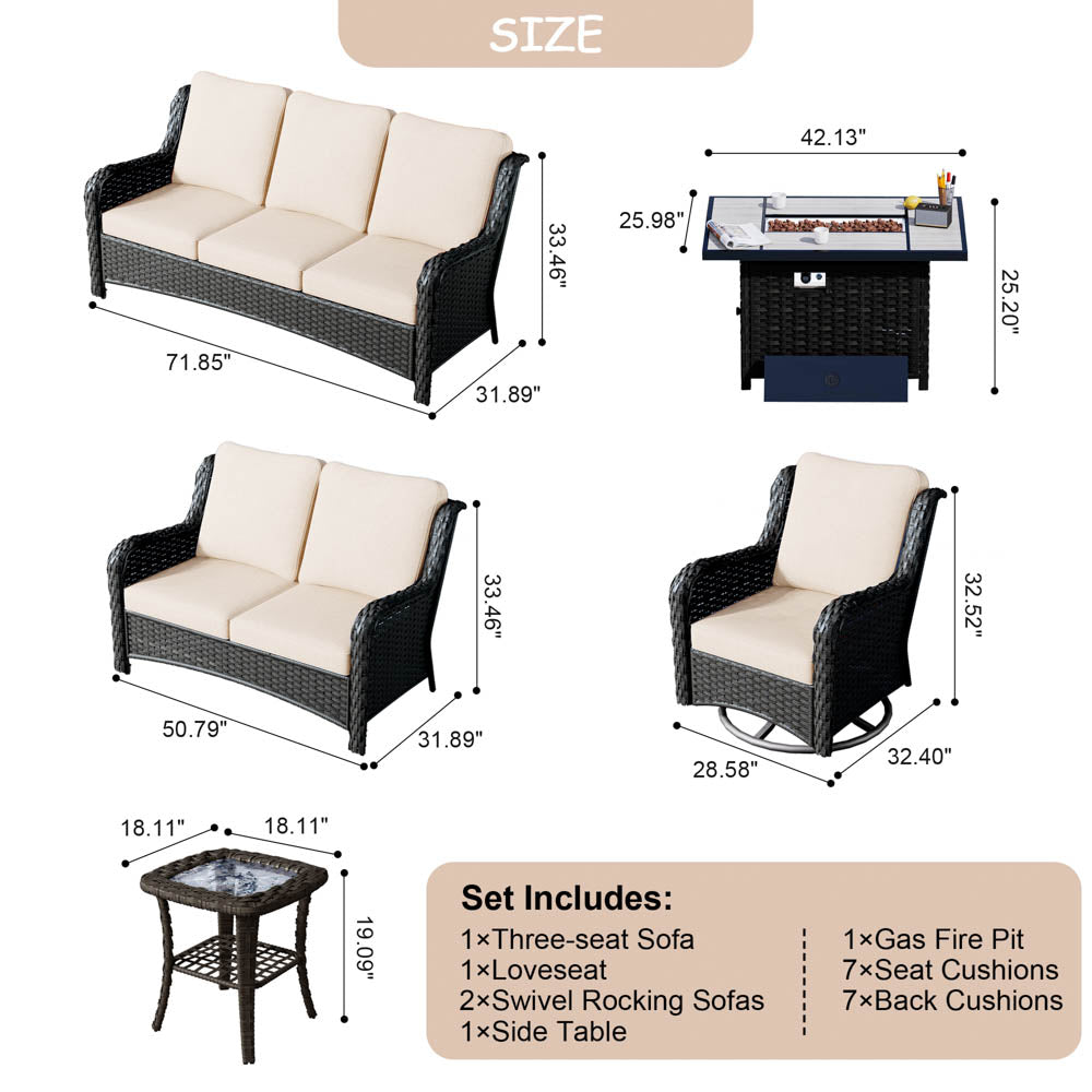 Ovios Patio Kenard 6-Piece Conversation Set with 42'' Rectangle Propane Fire Pit Table and Rocking Chairs