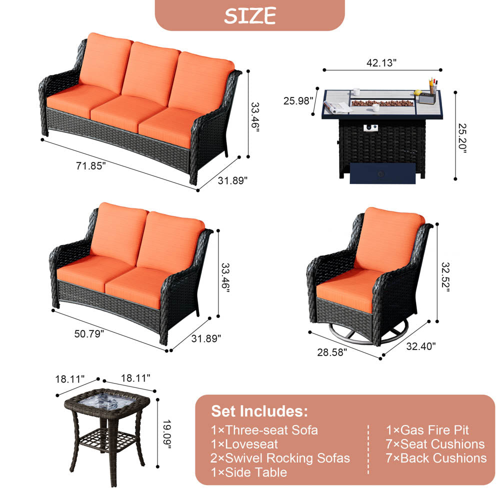 Ovios Patio Kenard 6-Piece Conversation Set with 42'' Rectangle Propane Fire Pit Table and Rocking Chairs