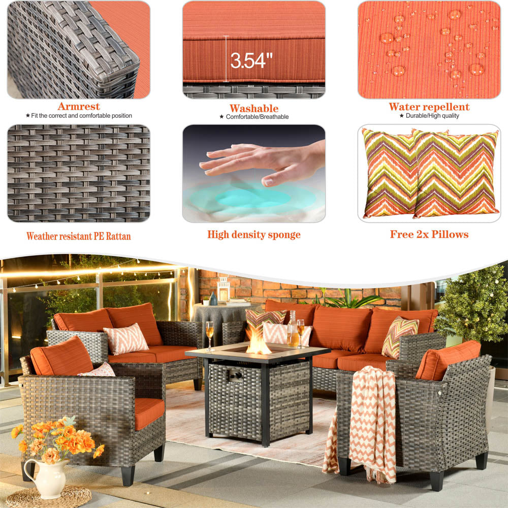 Ovios Patio Vultros Furniture Set 7-Person Seating with 30'' Propane Fire Pit Table