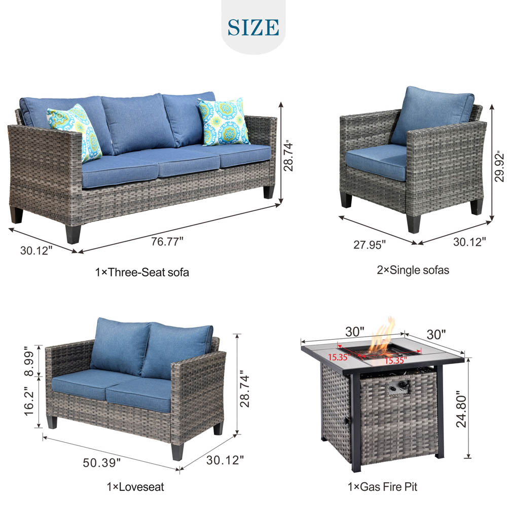 Ovios Patio Vultros Furniture Set 7-Person Seating with 30'' Propane Fire Pit Table