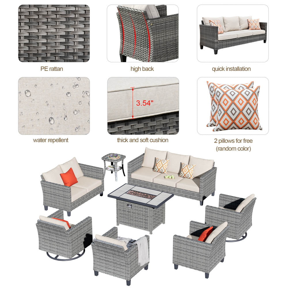 OVIOS Patio Vultros 8-Piece Set With Swivel Chair and Rectangle 42'' Propane Fire Pit Table