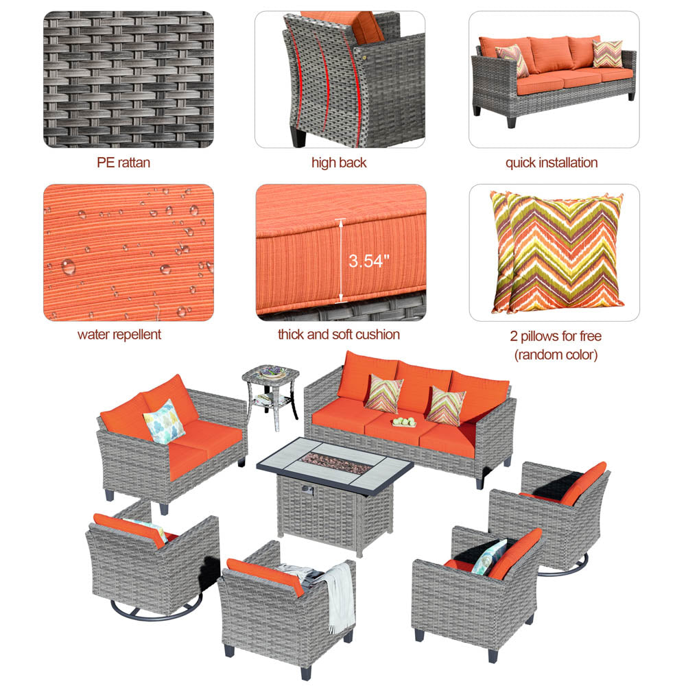 OVIOS Patio Vultros 8-Piece Set With Swivel Chair and Rectangle 42'' Propane Fire Pit Table